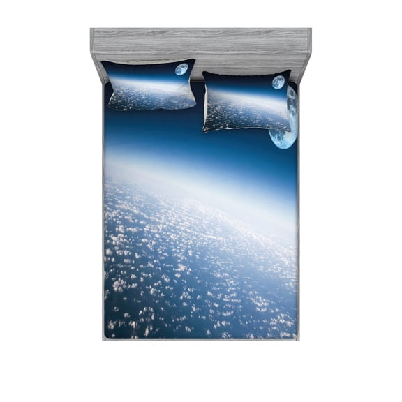 Ambesonne Space Fitted Sheet & Pillow Sham Set, Planet Earth and Moon, Full, Pale Blue