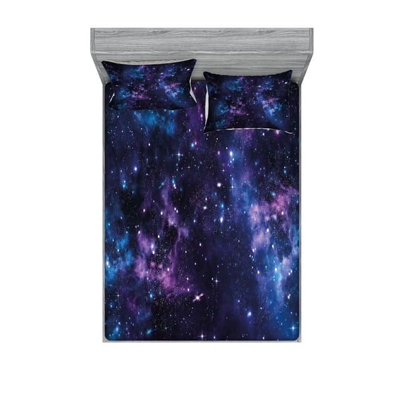 Ambesonne Space Fitted Sheet & Pillow Sham Set, Sky with Star, Queen, Dark Purple and Blue