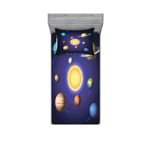 Ambesonne Space Fitted Sheet & Pillow Sham Set, Solar System with Planets, Twin, Multicolor