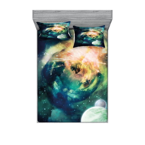 Ambesonne Space Fitted Sheet & Pillow Sham Set, Spiral Galaxy and Planets, Queen, Teal Blue Yellow