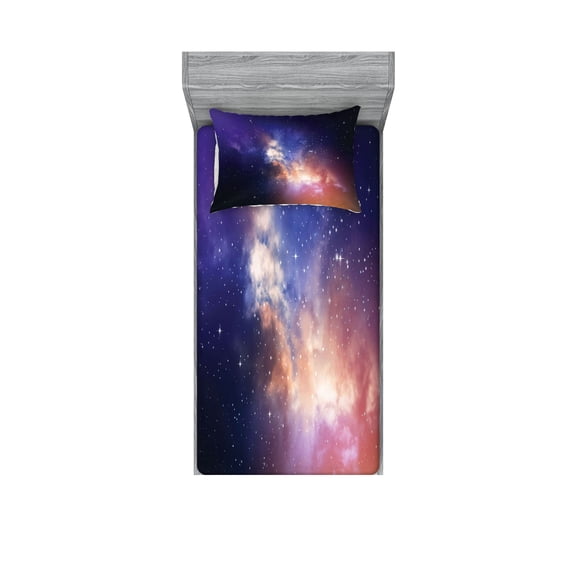 Ambesonne Space Fitted Sheet & Pillow Sham Set, Stars in Supernova Sky, Twin, Dark Blue Purple