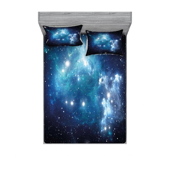 Ambesonne Space Fitted Sheet & Pillow Sham Set, Supernova Stars, Queen, Blue