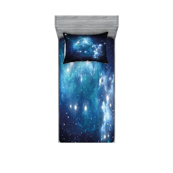 Ambesonne Space Fitted Sheet & Pillow Sham Set, Supernova Stars, Twinxl, Blue