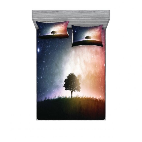 Ambesonne Space Fitted Sheet & Pillow Sham Set, Tree in Field with Stars, Full, Magenta and Blue