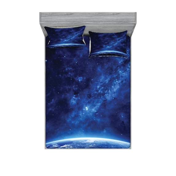 Ambesonne Space Fitted Sheet & Pillow Sham Set, Vibrant Milky Way Stars, Queen, Dark Blue