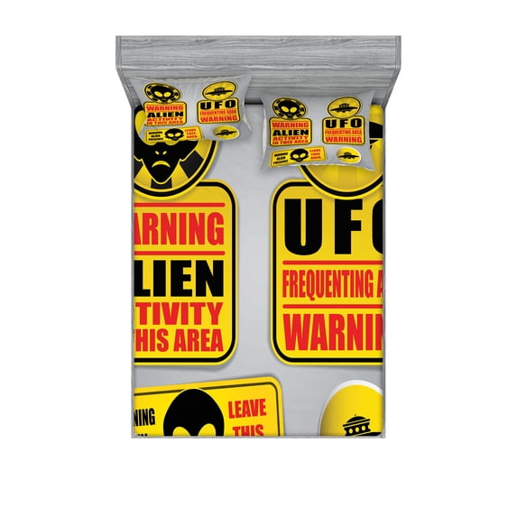 Ambesonne Space Fitted Sheet & Pillow Sham Set, Warning Alien Danger, Full, Black Yellow