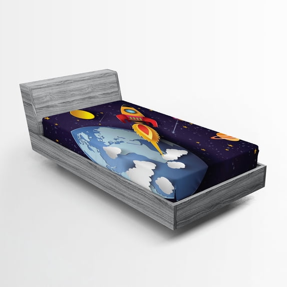 Ambesonne Space Fitted Sheet, Rocket Earth Stars UFO, Twin Size, Multicolor