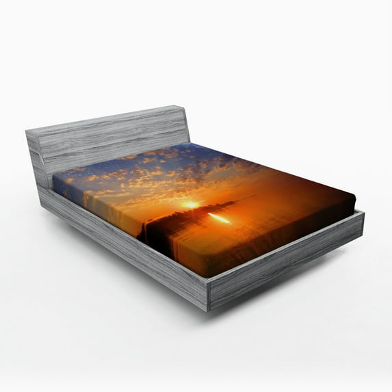 Ambesonne Space Fitted Sheet, Skyline with Planet Sun, Full Size, Orange Blue