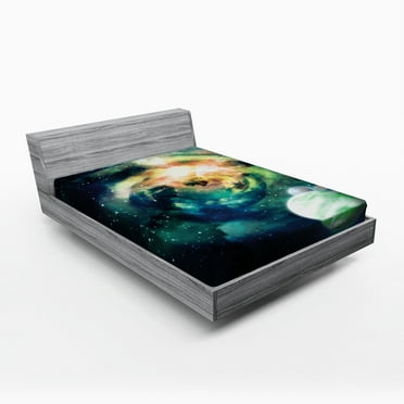 Ambesonne Space Fitted Sheet, Spiral Galaxy and Planets, Full Size, Teal Blue Yellow
