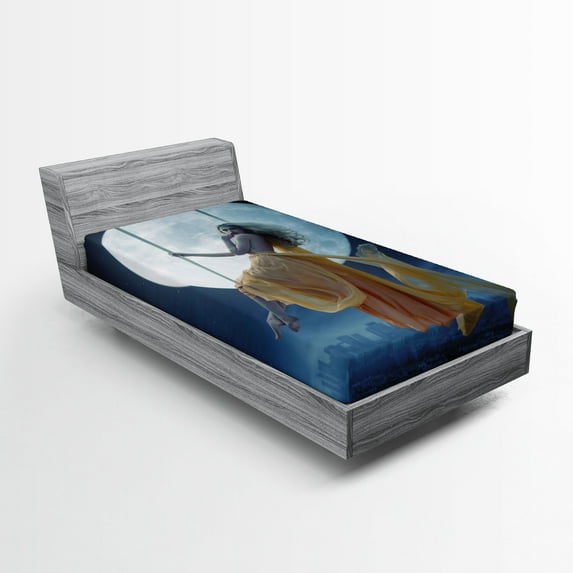 Ambesonne Space Fitted Sheet, Swing in the Sky Moon, Twin Size, Dark Blue and Grey