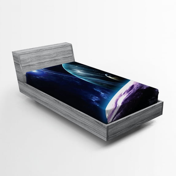 Ambesonne Space Fitted Sheet, Universe with Planets, Twin XL Size, Blue Purple