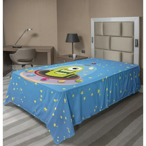 Ambesonne Space Flat Sheet, Comic UFO and Alien, Twin Size, Multicolor