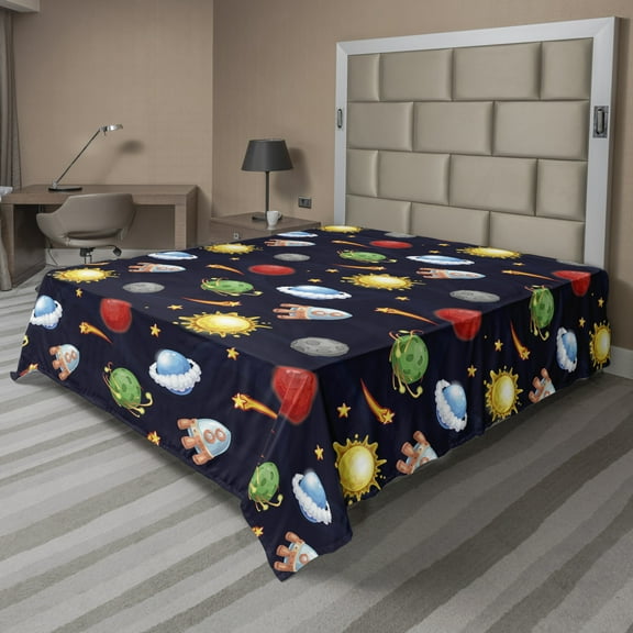 Ambesonne Space Flat Sheet, Cosmos with Sun Planets, King Size, Multicolor