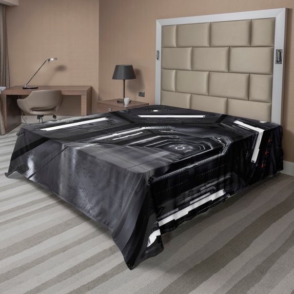 Ambesonne Space Flat Sheet, Dark Future Adventure, Full Size, Greenish Grey