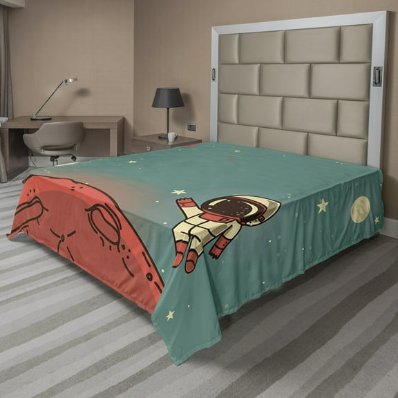 Ambesonne Space Flat Sheet, Doodle Cosmonaut, California King, Coral Turquoise Ivory