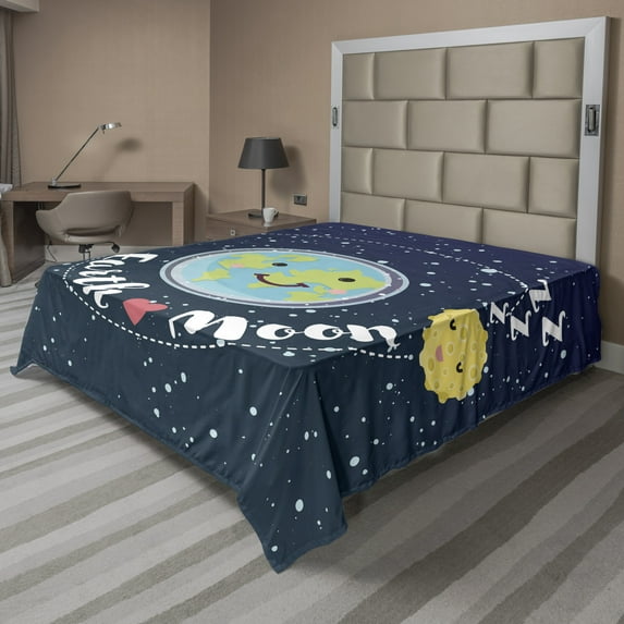 Ambesonne Space Flat Sheet, Earth Loving Moon, Queen Size, Multicolor