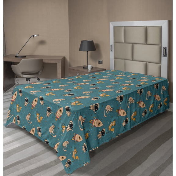 Ambesonne Space Flat Sheet, Foxes Cats Cosmonauts, TwinXL Size, Turquoise Beige Marigold