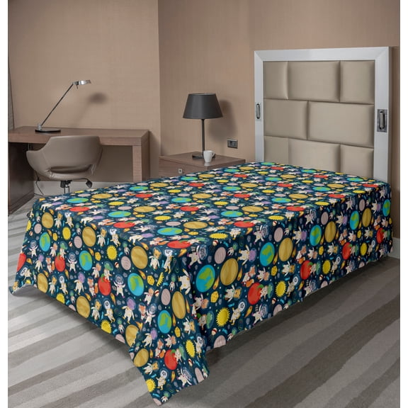 Ambesonne Space Flat Sheet, Funny Astronauts Floating, TwinXL Size, Multicolor