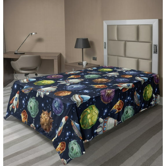 Ambesonne Space Flat Sheet, Futuristic Science Ufo, TwinXL Size, Multicolor