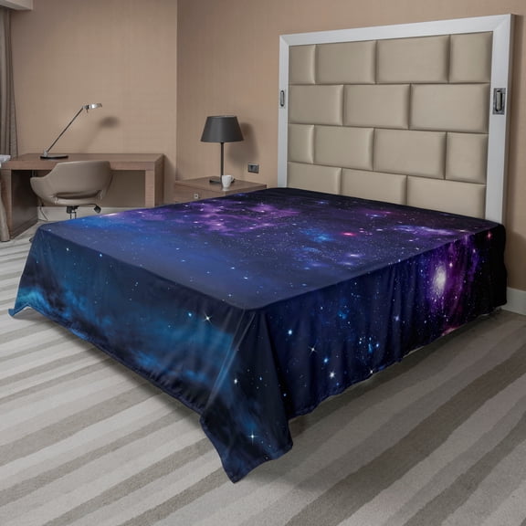 Ambesonne Space Flat Sheet, Milky Way Themed Stars, King Size, Magenta Blue