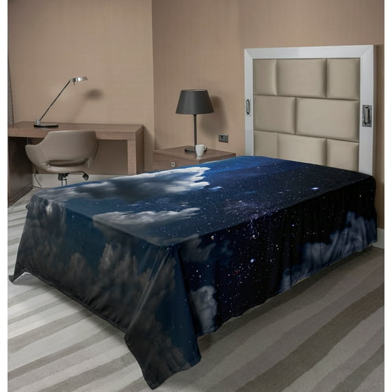 Ambesonne Space Flat Sheet, Moon Clouds Stars Night, TwinXL Size, Dark Blue White