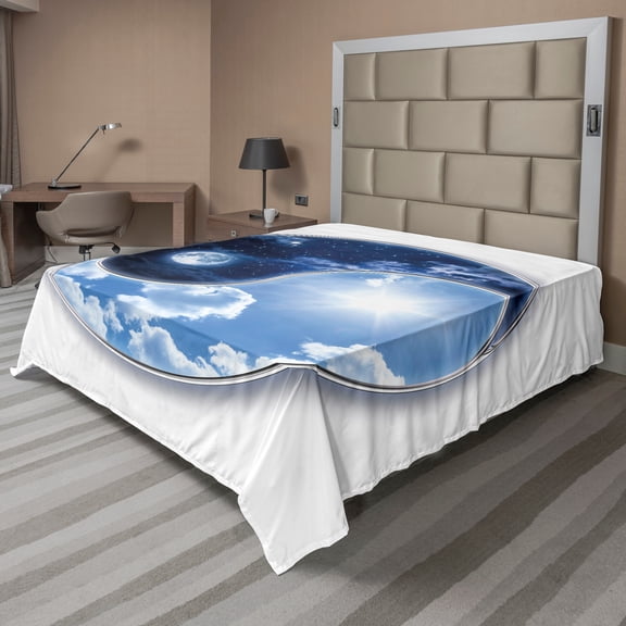 Ambesonne Space Flat Sheet, Moon and Sun, California King, Navy Blue Sky Blue White