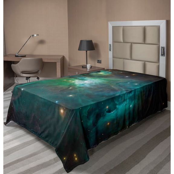 Ambesonne Space Flat Sheet, Nebula Star Dust Cloud, Twin Size, Teal Green