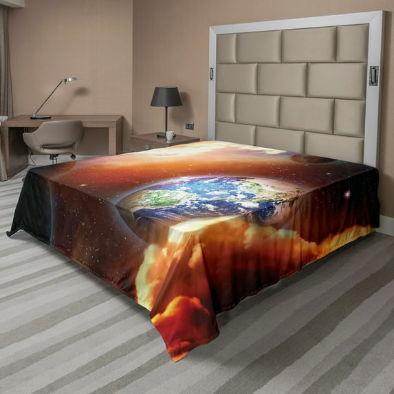 Ambesonne Space Flat Sheet, Nebula Stars in Solar, Queen Size, Orange Blue