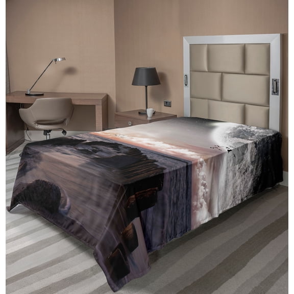 Ambesonne Space Flat Sheet, Old Pier Sea and Beach, Twin Size, Pink Blue