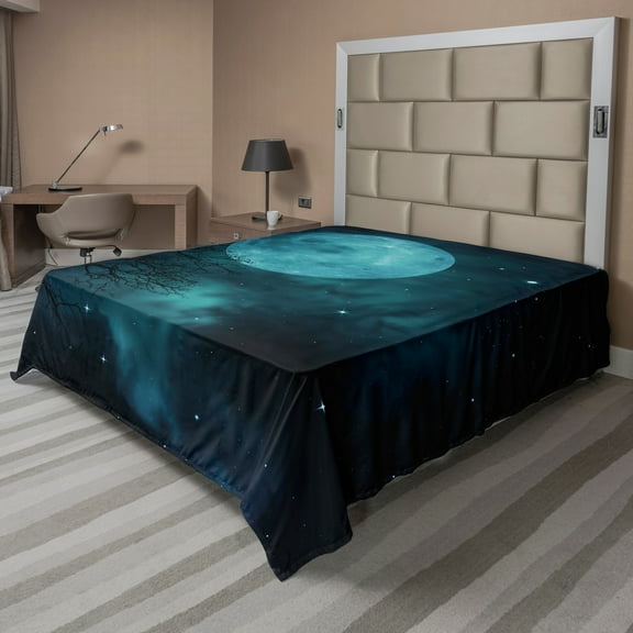 Ambesonne Space Flat Sheet, Outer World Cosmos Moon, California King, Petrol Blue