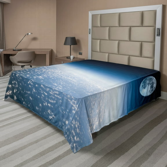 Ambesonne Space Flat Sheet, Planet Earth and Moon, Queen Size, Pale Blue