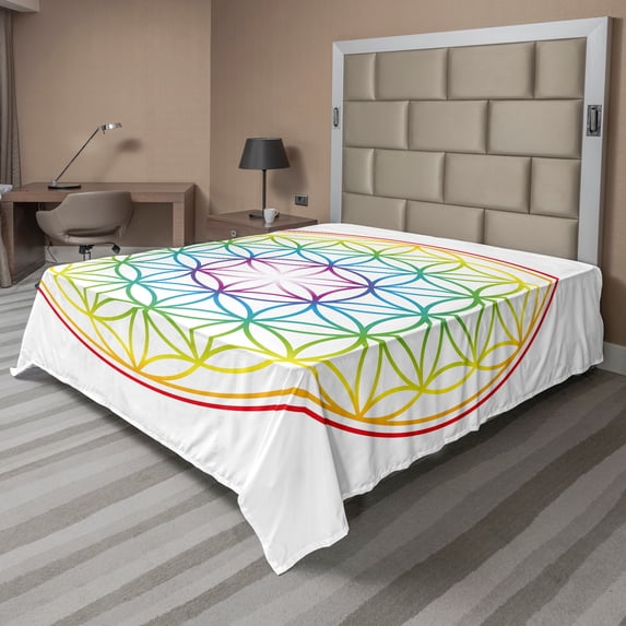 Ambesonne Space Flat Sheet, Radiant Flower of Life, Full Size, Multicolor
