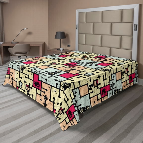 Ambesonne Space Flat Sheet, Robots on Grid Squares, Full Size, Multicolor