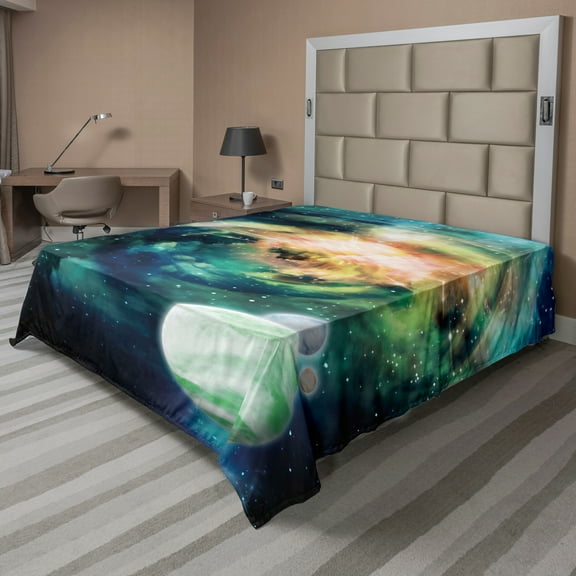 Ambesonne Space Flat Sheet, Spiral Galaxy and Planets, Full Size, Teal Blue Yellow