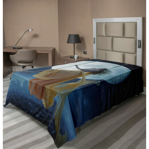 Ambesonne Space Flat Sheet, Swing in the Sky Moon, Twin Size, Dark Blue and Grey