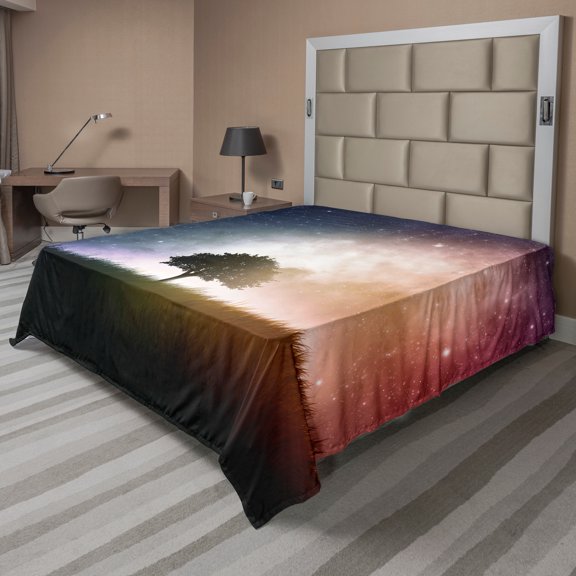 Ambesonne Space Flat Sheet, Tree in Field with Stars, California King, Magenta and Blue