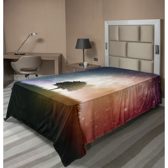 Ambesonne Space Flat Sheet, Tree in Field with Stars, TwinXL Size, Magenta and Blue