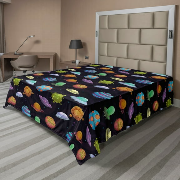 Ambesonne Space Flat Sheet, UFOs and Abstract Planet, Queen Size, Multicolor