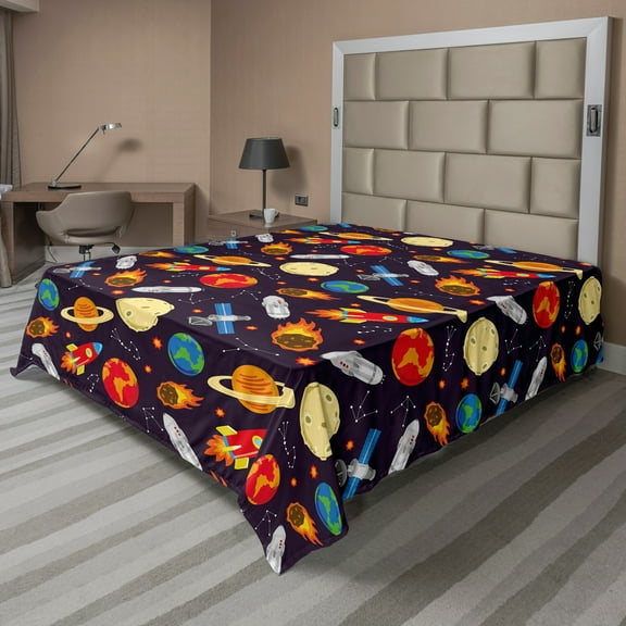 Ambesonne Space Flat Sheet, Universe Theme Earth, Full Size, Multicolor