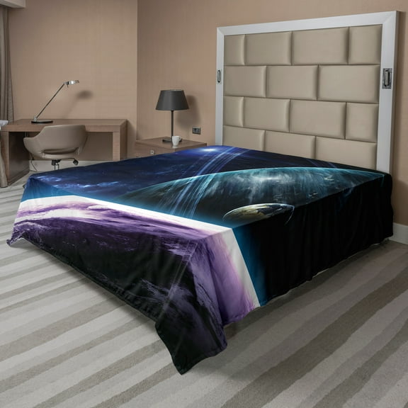 Ambesonne Space Flat Sheet, Universe with Planets, King Size, Blue Purple