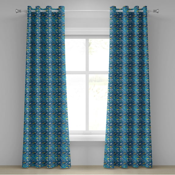 Ambesonne Space Grommet Curtain, Alien and Human Astronaut, 50" x 84", Blue Grey Yellow