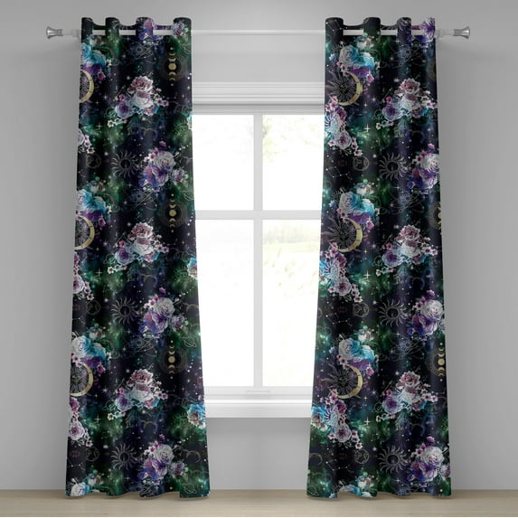 Ambesonne Space Grommet Curtain, Bohemian Galaxy Sun Moon Art, 50"x120", Dark Purple Green and Mauve