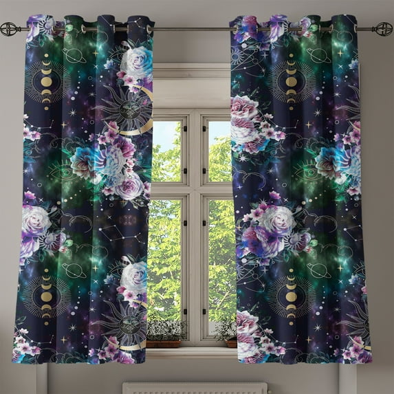Ambesonne Space Grommet Curtain, Bohemian Galaxy Sun Moon Art, 50"x60", Dark Purple Green and Mauve
