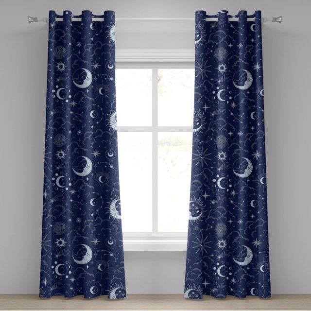 Ambesonne Space Grommet Curtain, Esoterism Sun Moon Pattern, 50"x96", Indigo and Soft Blue