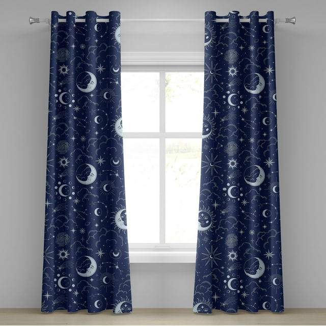 Ambesonne Space Grommet Curtain, Esoterism Sun Moon Pattern, 50"x96", Indigo and Soft Blue