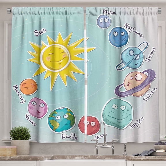 Ambesonne Space Kitchen Curtains, Cartoon Sun Planets, 55"x39", Multicolor