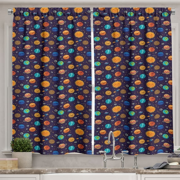 Ambesonne Space Kitchen Curtains, Cheerful Planets and Rockets, 55"x39", Multicolor