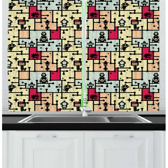 Ambesonne Space Kitchen Curtains, Robots on Grid Squares, 55"x39", Multicolor