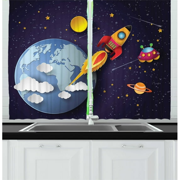 Ambesonne Space Kitchen Curtains, Rocket Earth Stars UFO, 55"x39", Multicolor