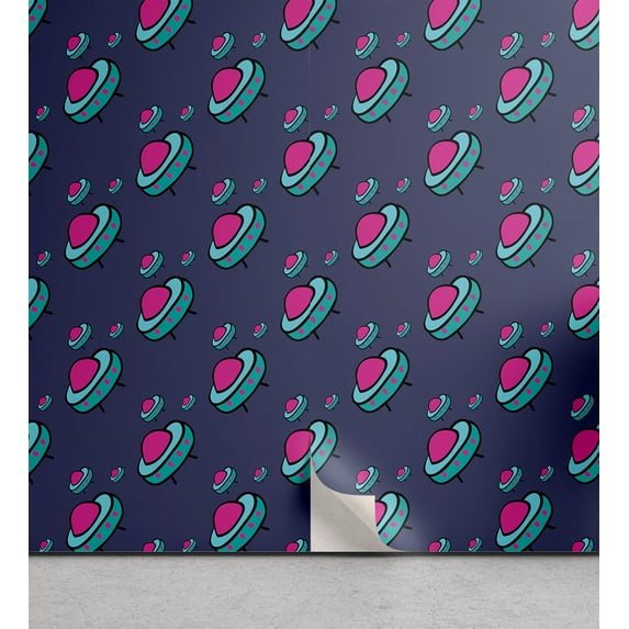 Ambesonne Space Peel & Stick Wallpaper for Home, Alien Flying Device Doodle, 13"x36", Cadet Blue Pink Aqua